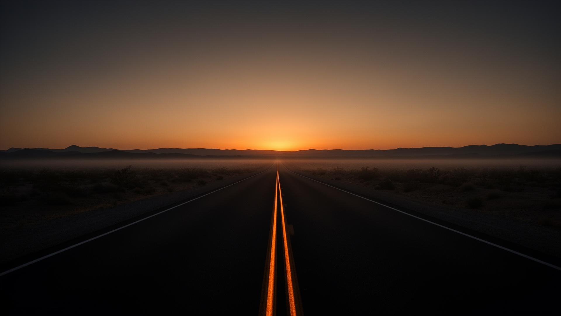 A long open road at dusk leading toward a glowing horizon